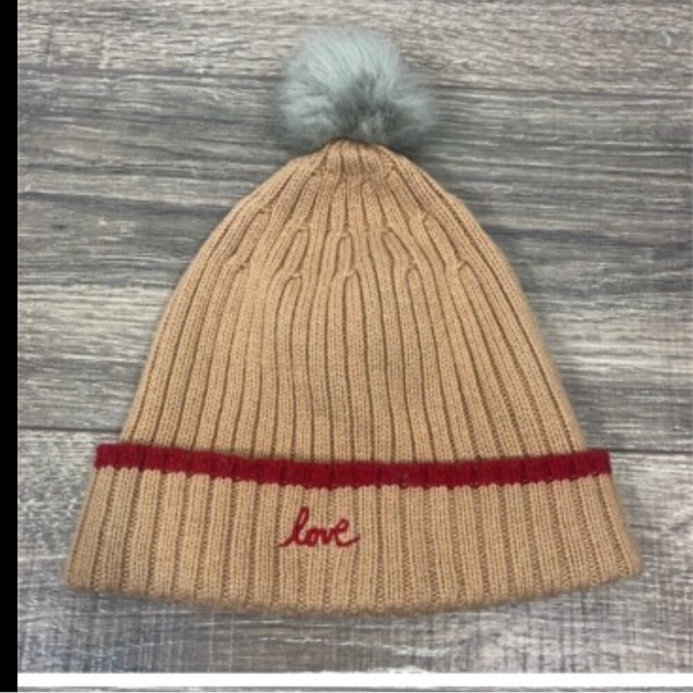NWOT banana republic tan Pom Pom beanie with love script